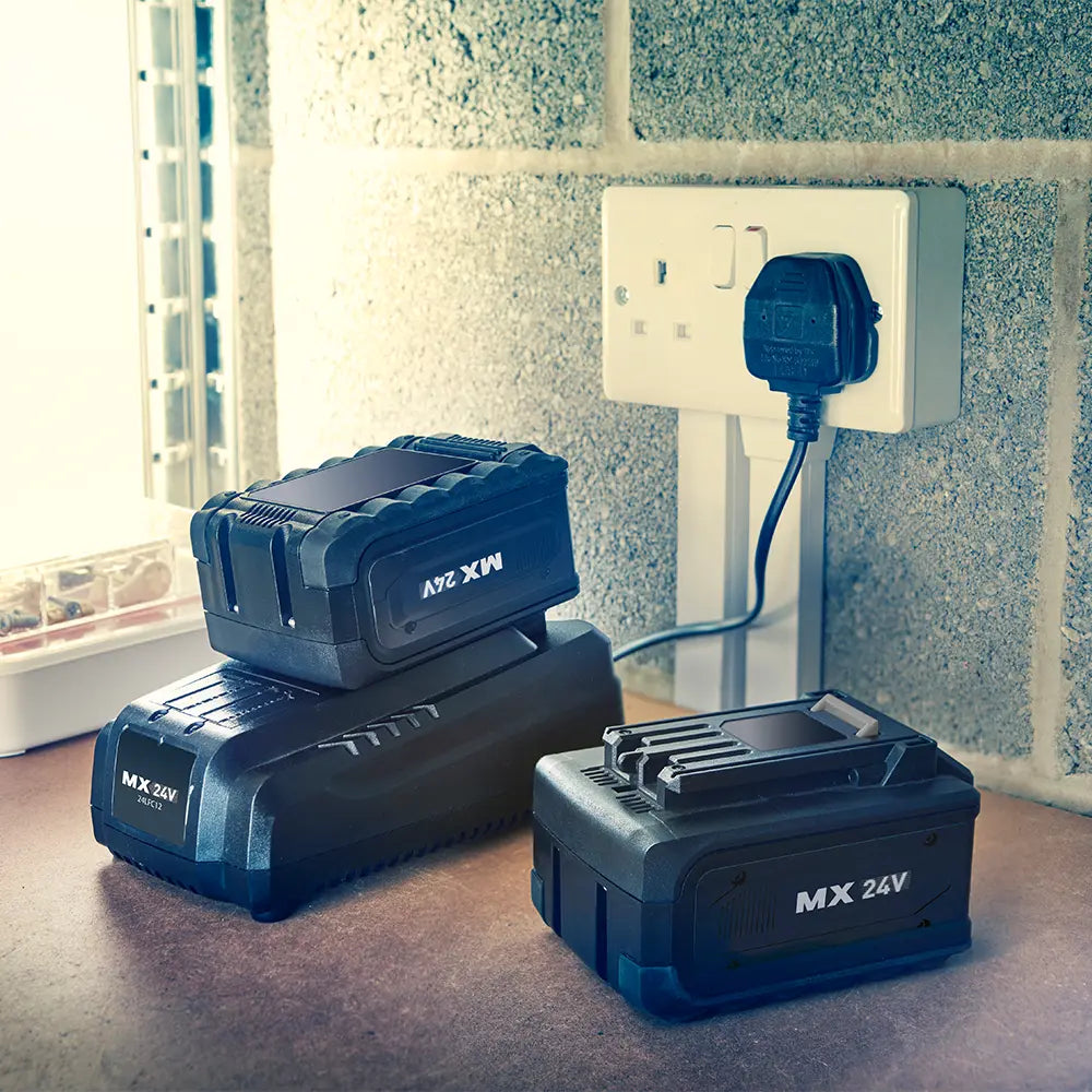 LawnMaster 24V Cordless Lawnmower with its two lithium ion batteries Ireland