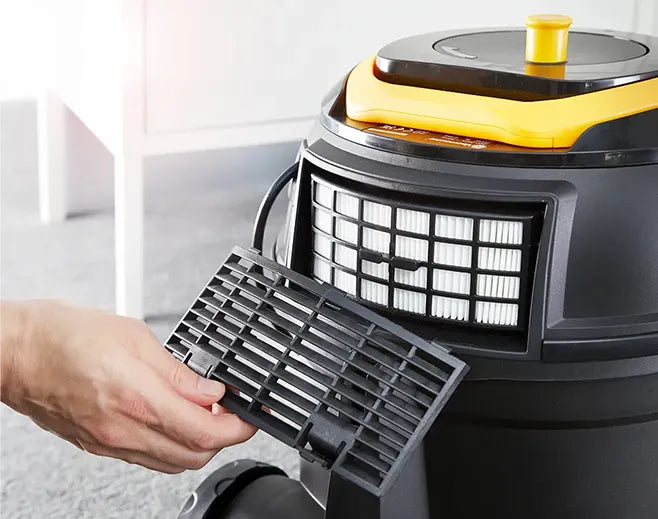 HEPA 13 Filter being revealed on Vacmaster D8 Vacuum Cleaner