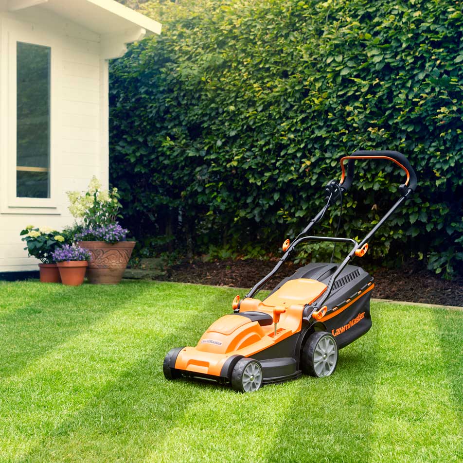 LawnMaster Lawn Mower Electric Rotary 37cm 1600W on striped lawn
