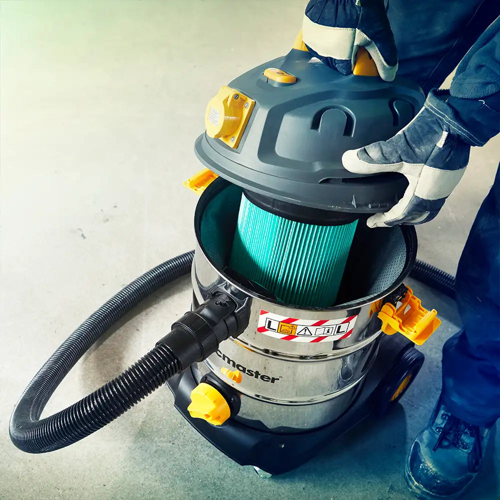 Vacmaster WD L30 110V L Class Wet and Dry Dust Extractor showing HEPA cartridge filter VQ1030SIWDC