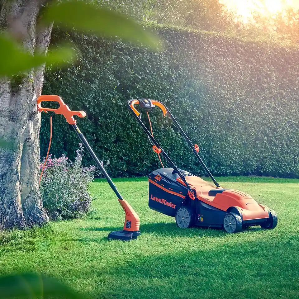 LawnMaster 1400W 34cm Electric Lawnmower and 25cm Grass Trimmer Set MEB1434M COMBO in garden