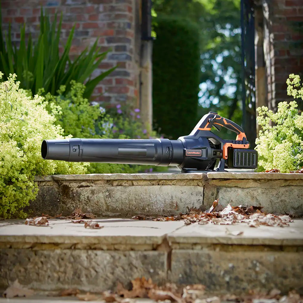 LawnMaster 48V Axial Leafblower on garden path