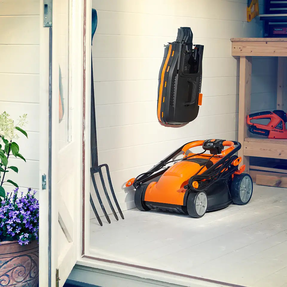 LawnMaster 1400W 34cm Electric Lawnmower Folded in Shed  MEB1434M COMBO