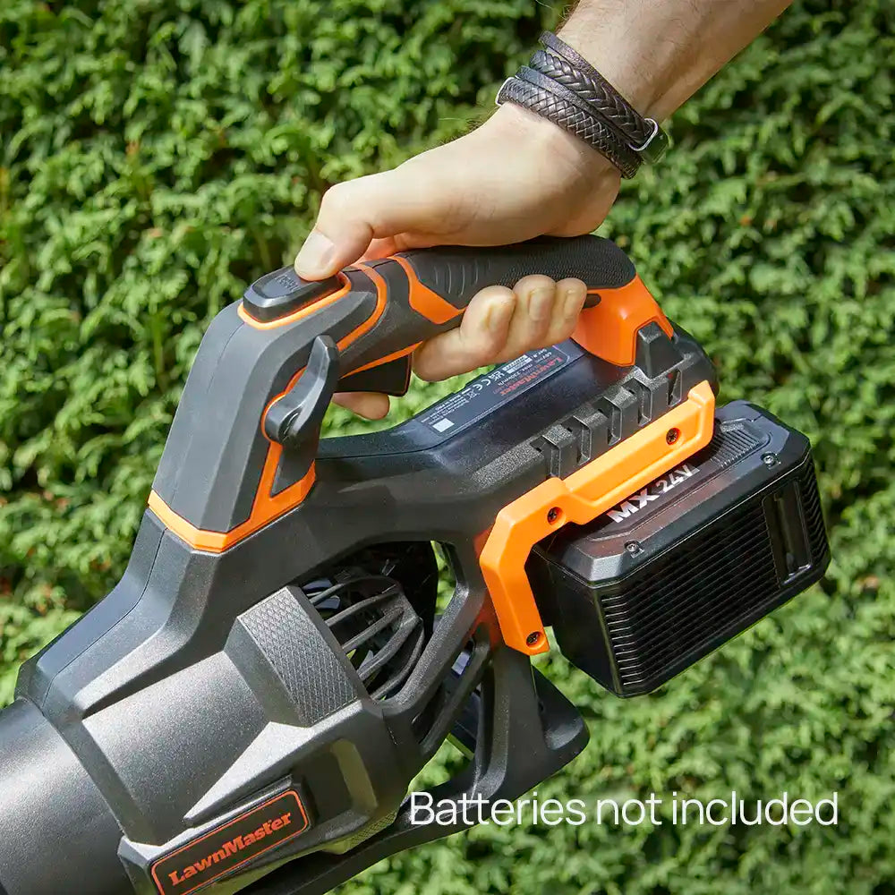 Finger on turbo button of Axial leaf blower