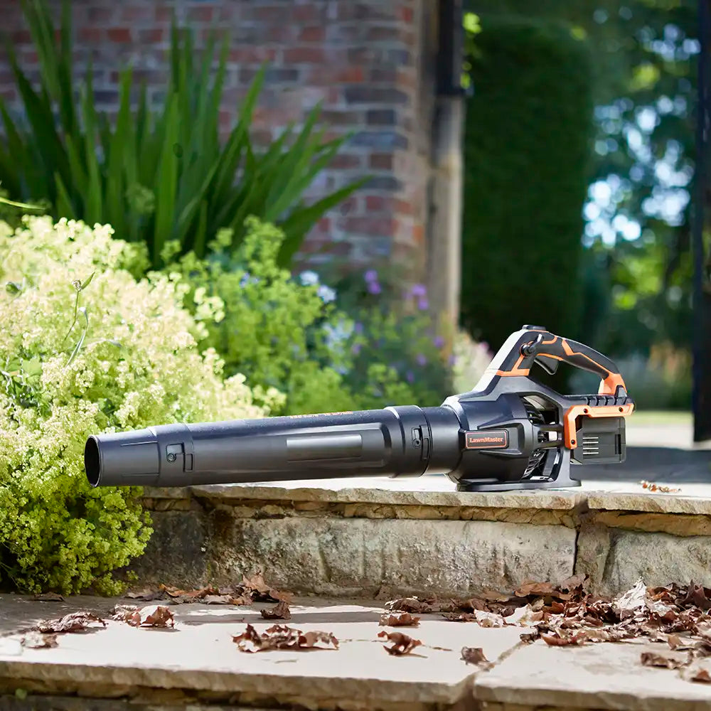 LawnMaster Axial leaf blower on garden path without batteries