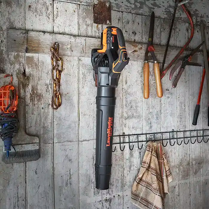 LawnMaster 48V Axial leaf blower hanging in garden shed