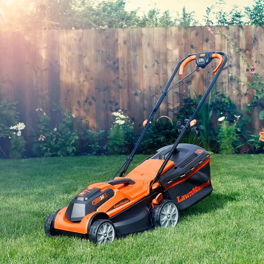 LawnMaster-24V-cordless-mower-on-lawn Ireland