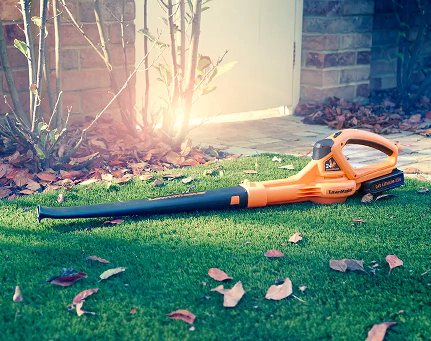 LawnMaster MX 24V Cordless Leafblower in an Irish Garden with a 2 Year Guarantee