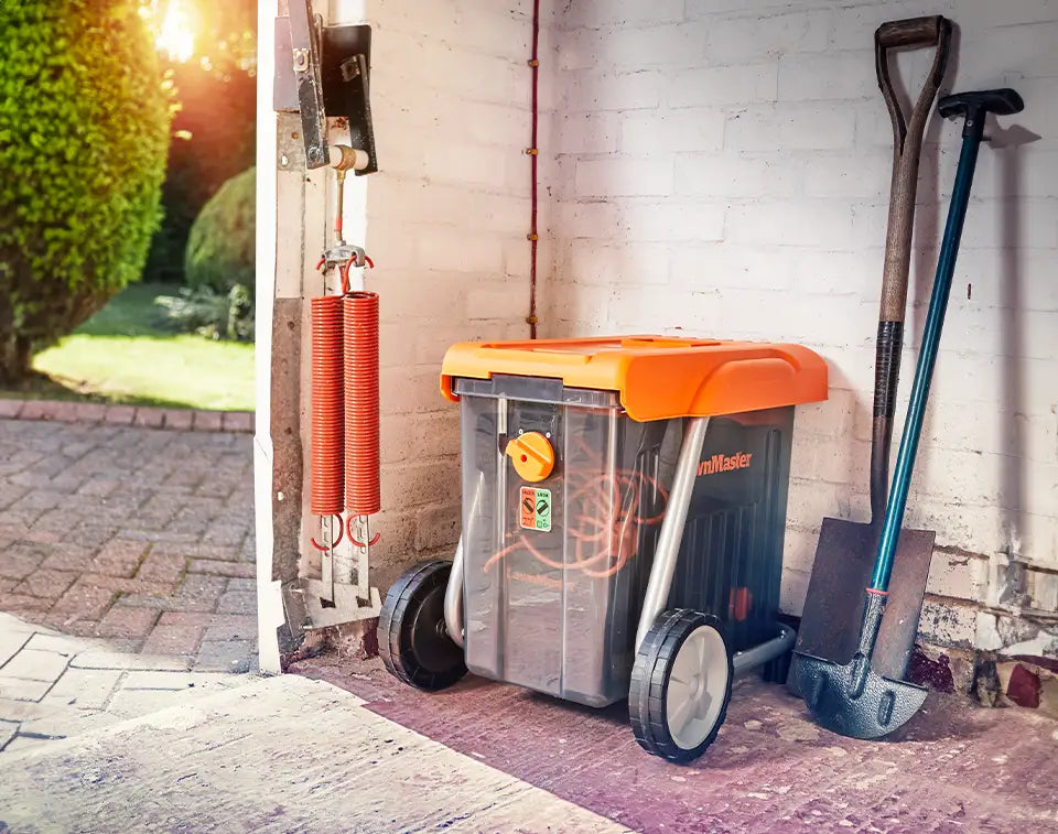 LawnMaster Quiet Shredder with Compact Storage in an Irish Garage
