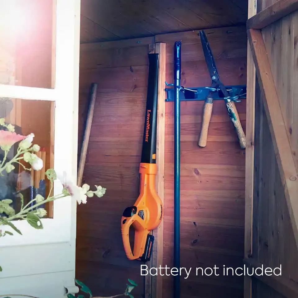 LawnMaster Cordless Leaf Blower Battery not included 24V CLBL2406-1-BARE hung in shed