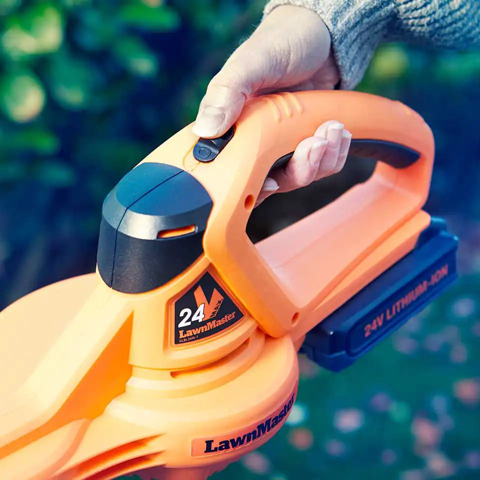 LawnMaster 24V Cordless Leaf Blower with easy to use power switch