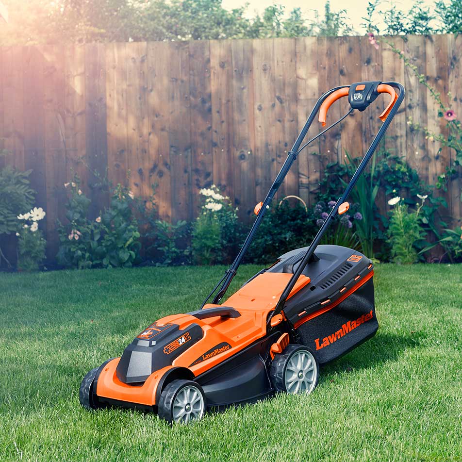 LawnMaster-24V-cordless-mower-on-lawn