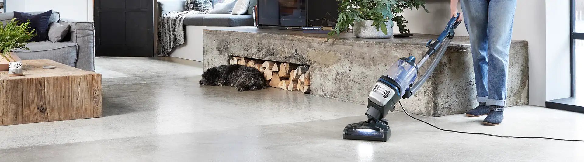 Vacmaster Respira Lift Off vacuum cleaner with dog in lounge